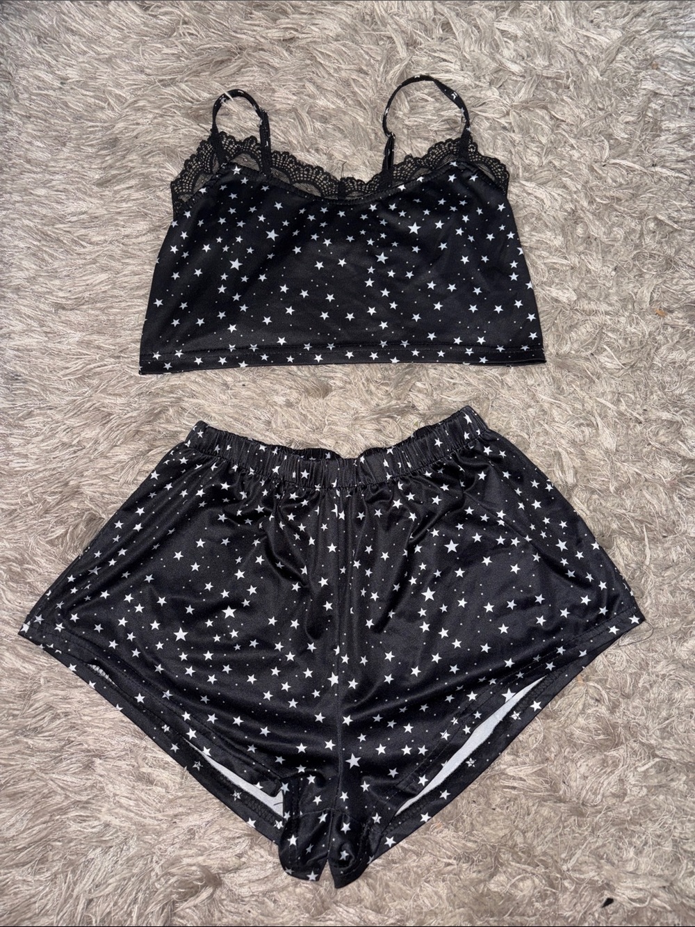 SHEIN Black Star Print Lace-Trim Cami & Shorts Pajama Set